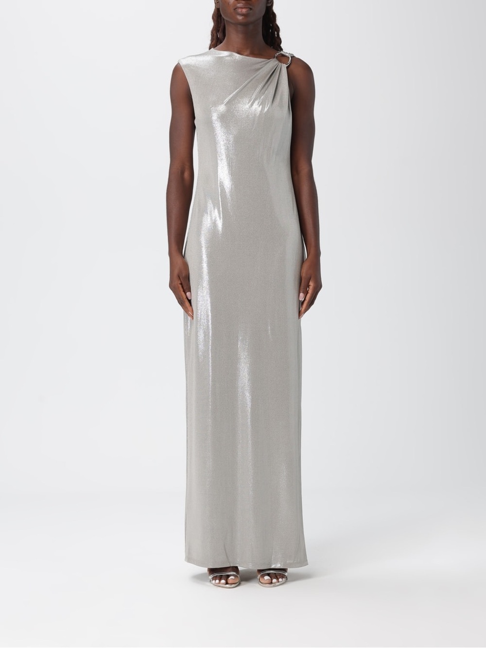 NWT Lauren Ralph Lauren Silver Metallic Ring Buckle Column Gown Size 6 LE S25